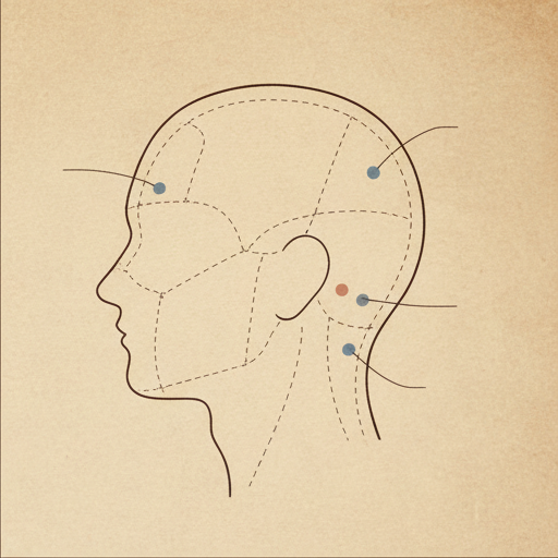 A side-profile head with section lines and tension dots, rendered as a textbook diagram.