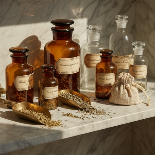 Vintage apothecary jars on a studio shelf.