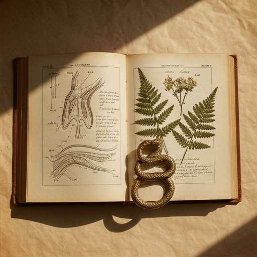 An open vintage textbook beside apothecary tools.