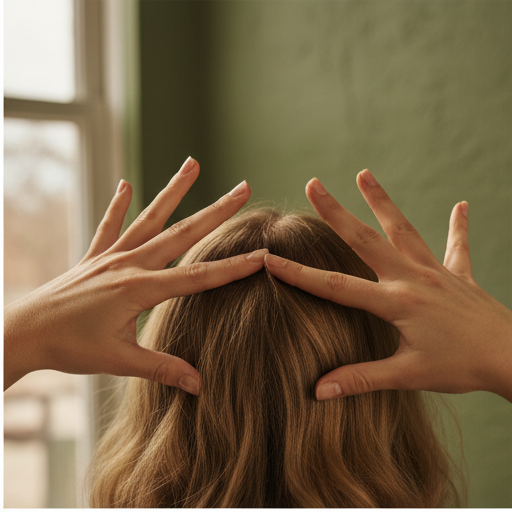 A close-up of a stylist's hands parting hair at the working chair.