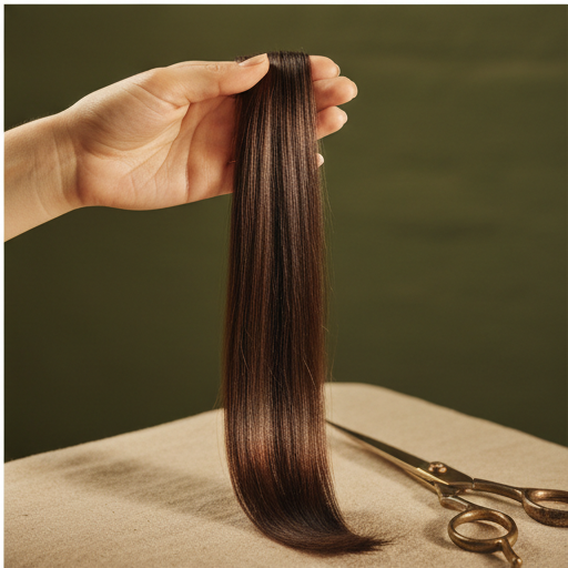 A stylist's hands holding a single strand of hair.