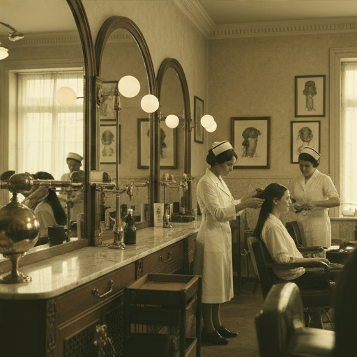 A wider view of a mentor stylist mid-service in the academy.